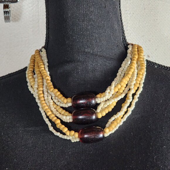 Express Jewelry - Express Wood Poly Brown Root Beer Tan Pearlescent White Bead 17" Choker Necklace